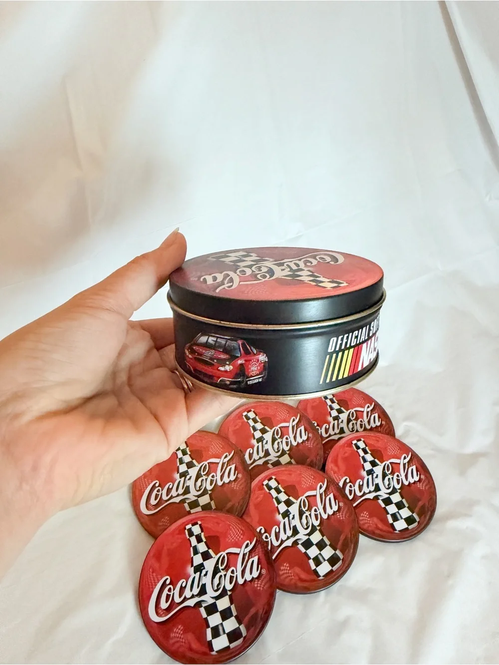 Coca-Cola NASCAR Coaster Set w/ Collectible Tin 6 Glass Coasters | Coke Racing
